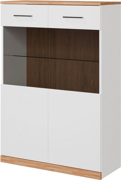 OTTO home Vitrine Ribe, 125 cm hoch, Fronten Massivholz, 4 breite Fächer Korpus Holzwerkstoff, 2Türen mit Glaseinsatz, einlegeboden verstellbar