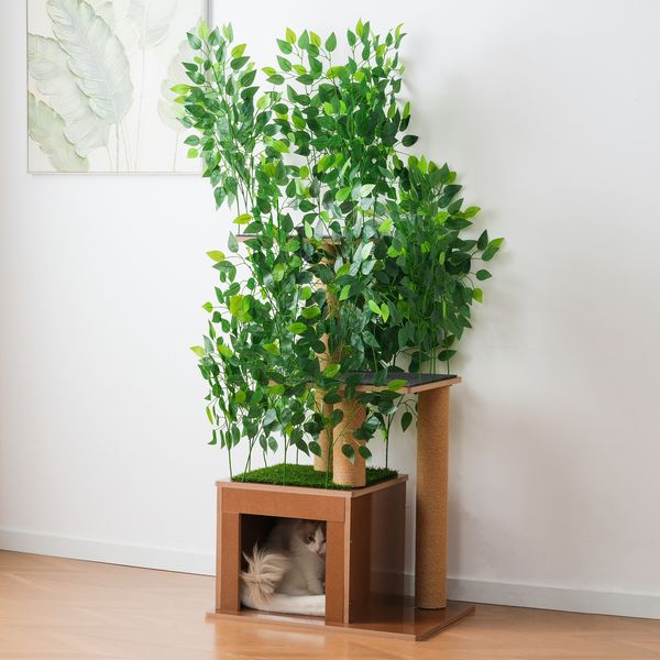 Merax 158 cm hoher Kratzbaum in Baumform mit 3 Plattformen und Katzenlöchern – haustiersicheres Material, abnehmbare Blätter, wasserdichtes und kratzfestes MDF