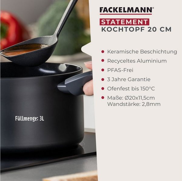 Fackelmann Kochtopf Statement 20cm – Topf mit keramische Beschichtung – Recyceltes Aluminium mit Antihaft-Beschichtung – PFAS-frei, Hitzebeständiger Griff, Für alle Herdarten inklusive Induktion
