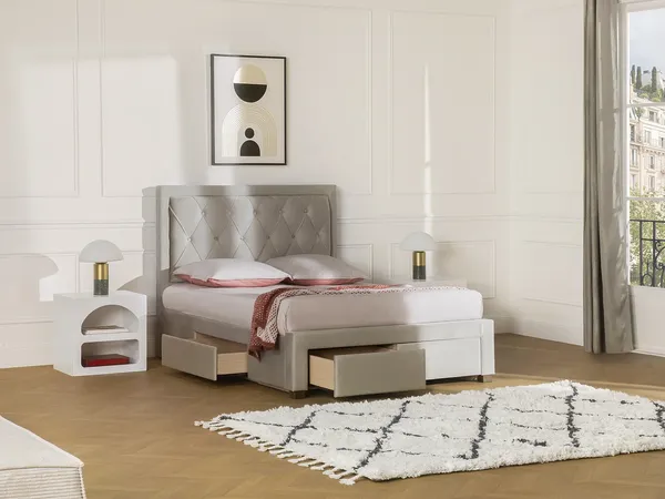 Vente-unique - LEOPOLD Bett SamtStoff Beige - B 145 cm x H 122,2 cm x L 206,5 cm