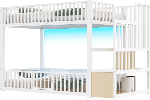 90x200 Etagenbett mit Stauraumleiter, mit LED, Weiß