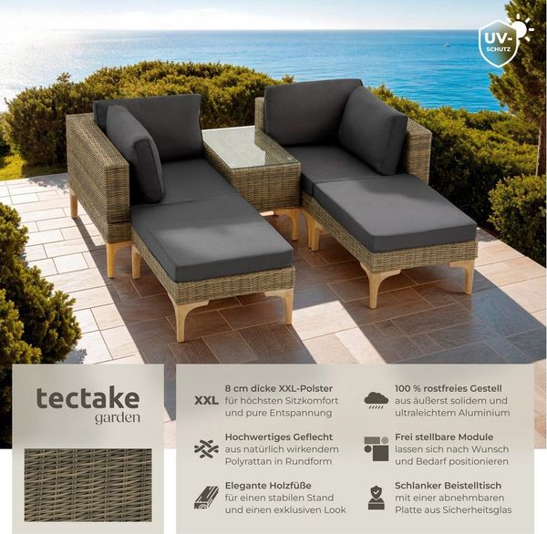 tectake Loungeset Rattan Sitzgruppe mit Sicherheitsglasplatte, schlanke, hohe Beine, (Gartenlounge-set Bellaria, 5-tlg, geeignet für Outdoor in Natur), wetterfest und UV-beständig, Dicke der Sitzpolster 8 cm