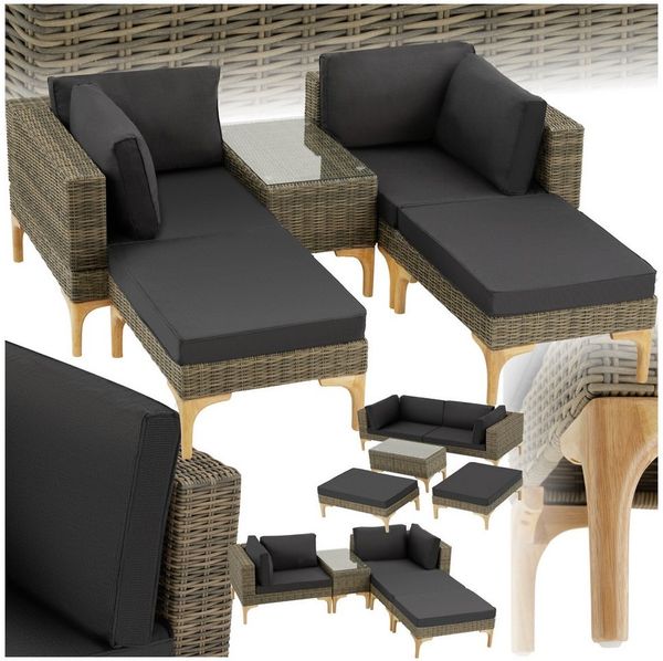 tectake Loungeset Rattan Sitzgruppe mit Sicherheitsglasplatte, schlanke, hohe Beine, (Gartenlounge-set Bellaria, 5-tlg, geeignet für Outdoor in Natur), wetterfest und UV-beständig, Dicke der Sitzpolster 8 cm