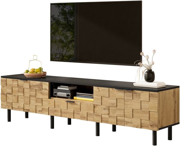 Mosaik-TV-Schrank, TV-Lowboard,2-türig mit Schublade, Wohnzimmer Medienkommode, Holzoptik, Spanplatte, Metallfüße, offenes Fach