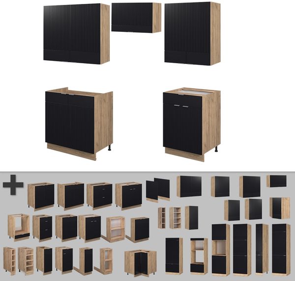 Küchenzeile Fame-Line Schwarz gestreift/Goldkraft Eiche 200 cm , AP Marmor Vicco Bild 5