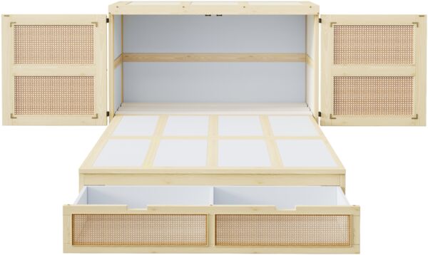 Merax Doppelbett Schrankbett 140 x 200 cm, Holzbett, Jugendbett, Einzelbett, Wandbett mit Lattenrost, Wandklappbett, vertikales schrankbett, Rattan-Design, Holzfarbe Bild 9