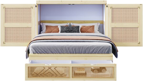 Merax Doppelbett Schrankbett 140 x 200 cm, Holzbett, Jugendbett, Einzelbett, Wandbett mit Lattenrost, Wandklappbett, vertikales schrankbett, Rattan-Design, Holzfarbe Bild 10