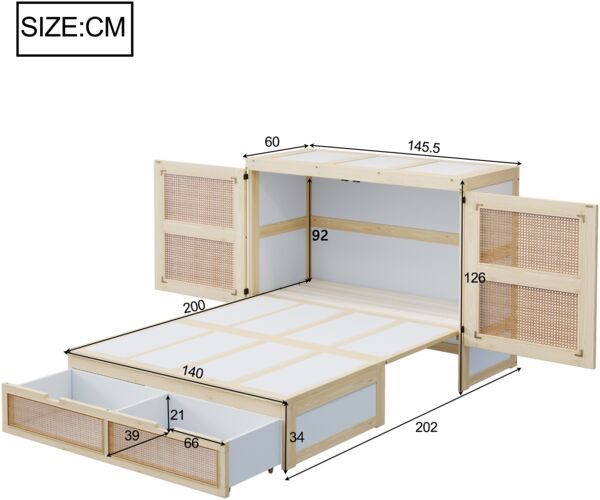 Merax Doppelbett Schrankbett 140 x 200 cm, Holzbett, Jugendbett, Einzelbett, Wandbett mit Lattenrost, Wandklappbett, vertikales schrankbett, Rattan-Design, Holzfarbe Bild 4