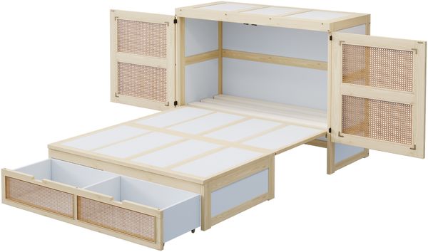 Merax Doppelbett Schrankbett 140 x 200 cm, Holzbett, Jugendbett, Einzelbett, Wandbett mit Lattenrost, Wandklappbett, vertikales schrankbett, Rattan-Design, Holzfarbe Bild 8