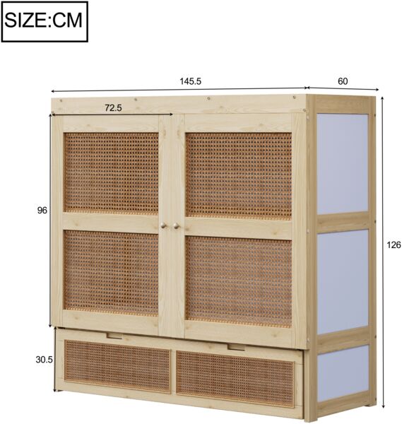 Merax Doppelbett Schrankbett 140 x 200 cm, Holzbett, Jugendbett, Einzelbett, Wandbett mit Lattenrost, Wandklappbett, vertikales schrankbett, Rattan-Design, Holzfarbe Bild 5