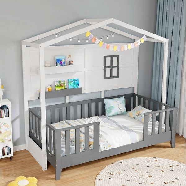 COSTWAY Kinderbett (1-tlg), Hausbett, mit 2 Regalen, Lattenrost, 90x200 cm