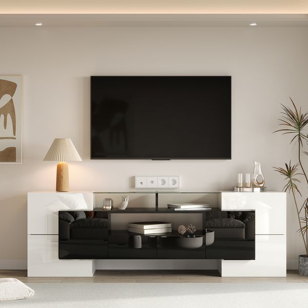 Stilvoller TV-Schrank, niedriges Panel. Hochglanz-Weiß und Schwarz, 200 cm, LED-Beleuchtung, Wohnzimmermöbel. Modernes Design. Elegante Glasoberfläche.