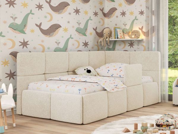 Jugendbett, Kinderbett mit Kopfteil ARVO ALTA 90x200 cm, Polsterbett mit Stauraum, hoher Schlafkomfort - Creme Stukture - Rechts - ELORI LUX