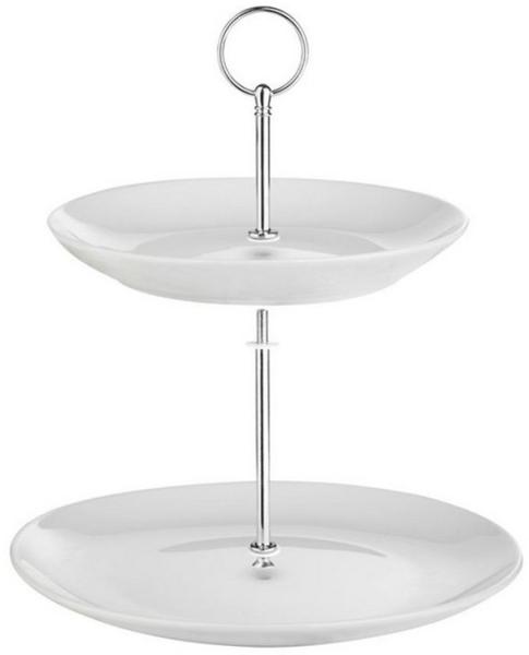 Home4You Etagere, Ø 21 x H 23 cm, Weiß, 2-stöckig, Metallgriff, Porzellan, für Desserts, Obst, Kuchen, Süßigkeiten