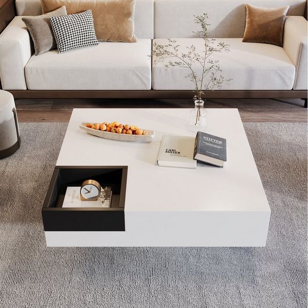 KLAM HOME Couchtisch Moderner Kompakter Sofa-Beistelltisch Kaffetisch Wohnzimmertisch (Hochglanz-Couchtisch Mit LED-Lichteffekt abnehmbarer Aufbewahrungsbox), 72*72*30 cm