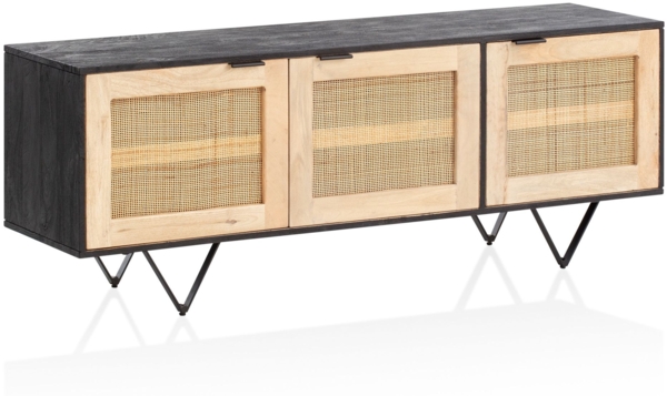 Sideboard 145 x 55 x 40 cm Mango Massivholz / Rattan Kommode mit 3 Türen, Niedriger Kommodenschrank Schwarz / Braun, Standschrank Wohnzimmer, Anrichte Rohrgeflecht