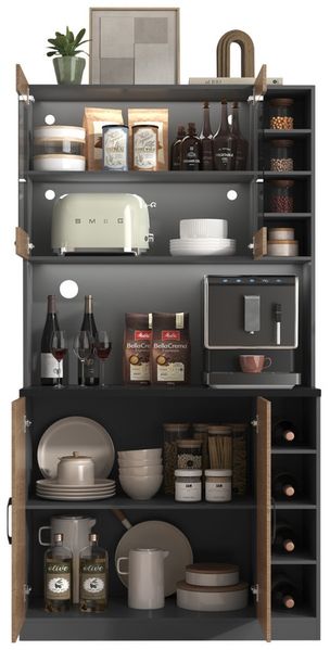 100x47x187cm Küchenbuffetschrank mit LED-Beleuchtung,Kabelloch,verstellbare Ablagen
