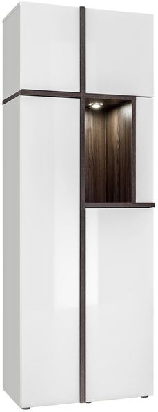 Hohe Vitrine Cross mit LED Beleuchtung in Weiß und Perla Elm Streifen 70x195 cm