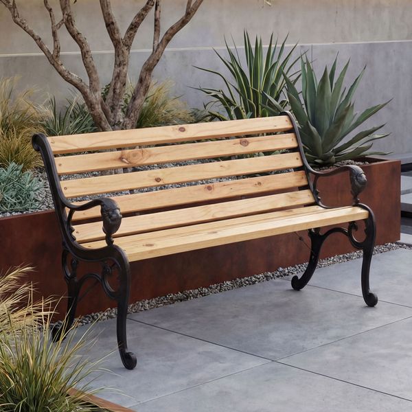 Gartenbank HWC-O25, Sitzbank Parkbank Holzbank 2-Sitzer, Gusseisen Holz Kiefer, 132cm ~ natur