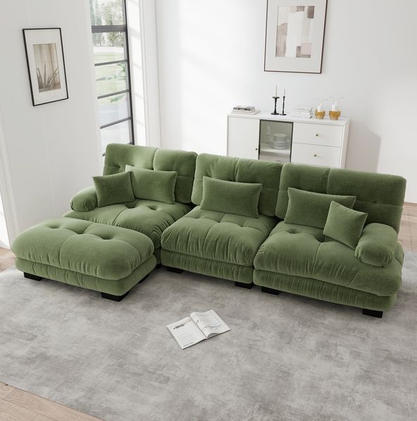 Ecksofa aus Chenille mit modularen Ottomane, 313 x 145 x 81 cm, grün