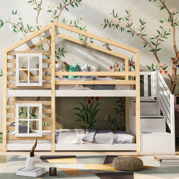 Merax Etagenbett für Erwachsene, Hochbett Hausbett Treppe mit 2 Schubladen Kiefer 90x200cm Bild 8