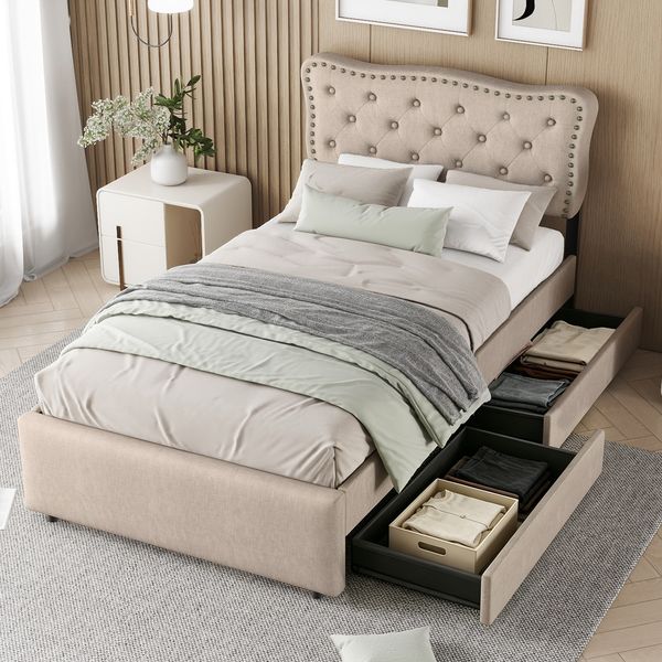 90x200cm flaches Bett, gepolstertes Bett, Nachttischpolsterung mit dekorativen Nieten, doppelte Schubladen, dunkelbeige
