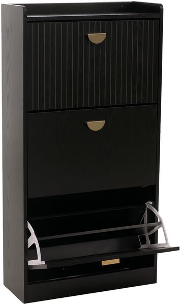 Schuhschrank HWC-O39, Schuhkipper Schuhregal 3 Klappen Klappfächer MDF Melamin Metall 117x60x24cm ~ Holzoptik schwarz Bild 9