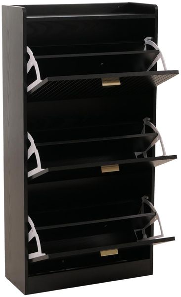 Schuhschrank HWC-O39, Schuhkipper Schuhregal 3 Klappen Klappfächer MDF Melamin Metall 117x60x24cm ~ Holzoptik schwarz Bild 6