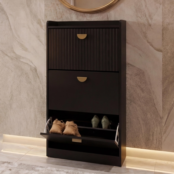 Schuhschrank HWC-O39, Schuhkipper Schuhregal 3 Klappen Klappfächer MDF Melamin Metall 117x60x24cm ~ Holzoptik schwarz