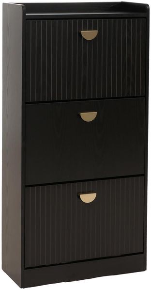 Schuhschrank HWC-O39, Schuhkipper Schuhregal 3 Klappen Klappfächer MDF Melamin Metall 117x60x24cm ~ Holzoptik schwarz Bild 5