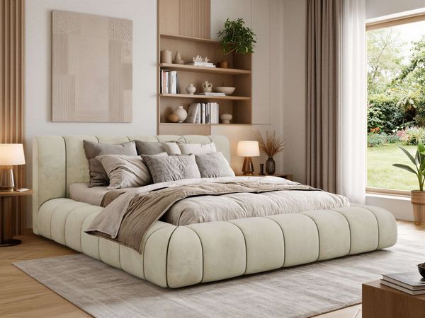 Polsterbett NUBEA CLASSIC Bettkasten & Stauraum, Gasdruckfeder-Lift, inkl. Lattenrost, wahlweise 7-Zonen Matratze & 3D-Bezug - 140 x 200 cm - Beige Velvet - VIRE LUX