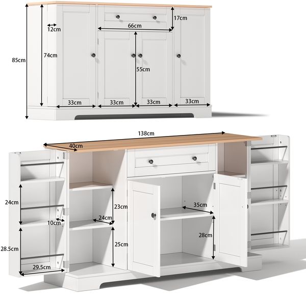 Sideboard 138 cm, Natural und Weiß, mit Schublade, Doppeltürfach und verstellbaren Einlegeböden,138*40*85 cm Bild 4