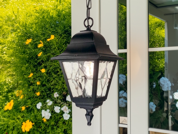 Außen LED Hängeleuchte Landhausstil Kettenlaterne mit Bleiglas, Höhe 60cm