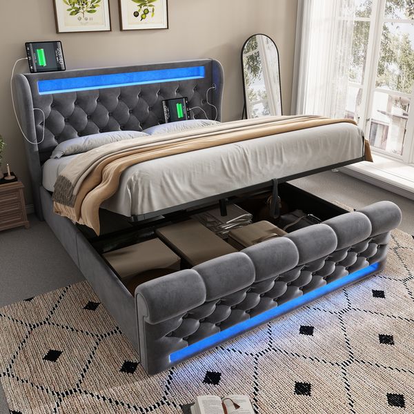 Polsterbett 140×190 cm aus Samt-Stoff mit LED-Beleuchtung und USB-Typ-C-Ladestation, grau