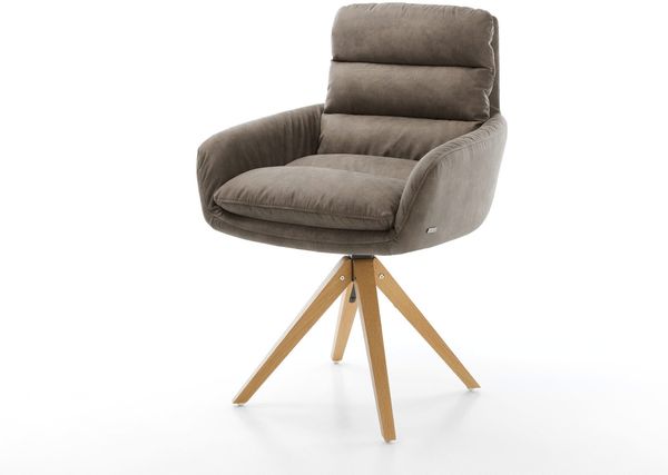 Esszimmerstuhl Abelia-Flex mit Armlehnen Mikrofaser Taupe Vintage Holzgestell kantig Natur