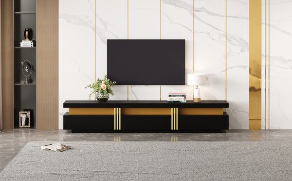 TV-Schrank 200x40x42 cm, Marmor-Optik Tischplatte, 3 Schubladen, Kabelmanagement, schwarz