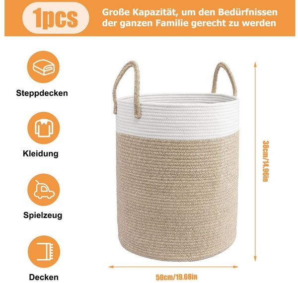 BlingBin Wäschekorb Geflochten Wäschesammler Spielzeug Aufbewahrung Aufbewahrungskorb (Handgeflochtener Wäschekorb aus Baumwolle, 1 St, 58 L, 38 x 50 cm), Wäschekorb mit Griff, Spielzeug und Kleiderkorb im Schlafzimmer