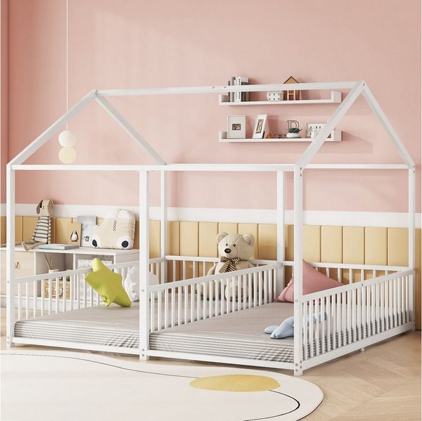 Merax Kinderbett (Eisenrahmen, 1-tlg, Jugendbett Hausbett Kinderhaus Bodenbett), Metallbett 90x200cm mit Geländer & Leiter, Doppelbett im Haus-Design