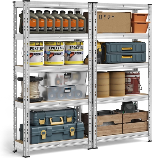 SONGMICS Schwerlastregal, 2er Set, Kellerregal, 30 x 75 x 150 cm, bis 875 kg belastbar, einfache Montage, Lagerregal, verstellbare Ablagen, Lagerregal, silbern