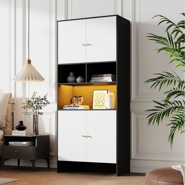 Merax Vitrine mit 4 Türen & 3 offenen Fächern, LED-Leuchten (1-St, Küchenschrank, Hochschrank, 80 × 40 × 185 cm) für Wohnzimmer, Schlafzimmer & Küche