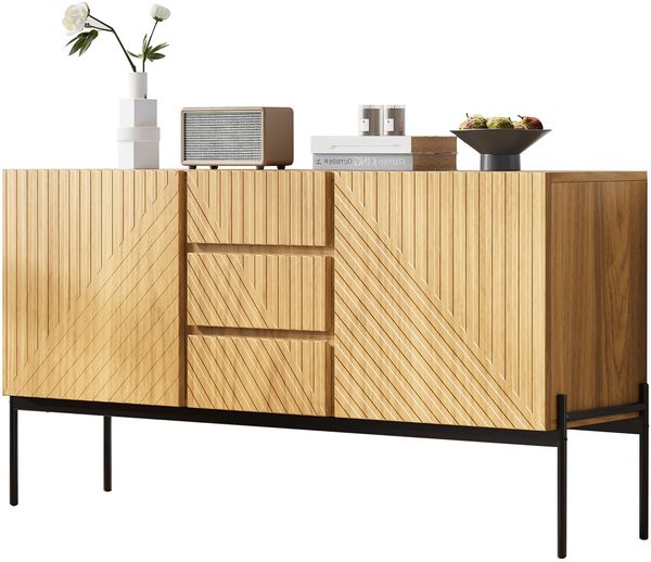 Sideboard 140x40x75 cm, 2 Türen & 3 Schubladen, Natural, Metalllbeine Bild 9