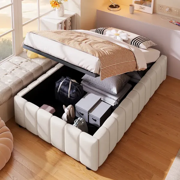 Futonbett mit Lattenrost und Aufbewahrung, 90x200 cm, Einzelbett, Leinen