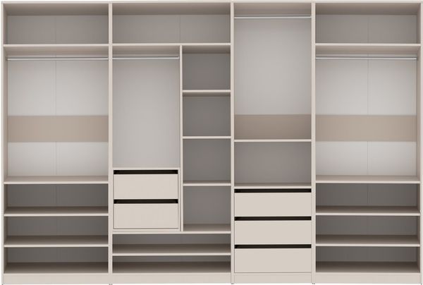 Marmex Möbel TRES SET Z Großer offener Schrankset für Kleidung, Schuhe, Kleiderschrank mit Einlegeböden, Kleiderstangen und Schubladen, laminierte Spanplatte, graubeige cashmere, 310x206x51 cm
