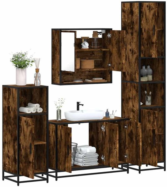 vidaXL 4-tlg. Badmöbel-Set Räuchereiche Holzwerkstoff 3301222