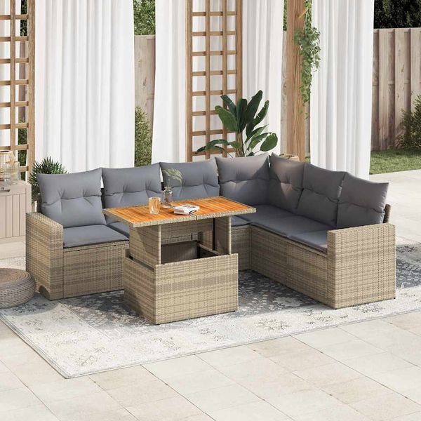 vidaXL 7-tlg. Garten-Sofagarnitur mit Kissen Beige Poly Rattan 3327048