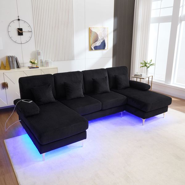 Wohnlandschaft U-Form 265 x 135 x 88 cm mit LED-Beleuchtung und USB-Anschluss – Sofa aus Velvet in Schwarz