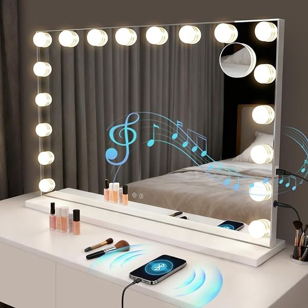 ZMH Hollywood Schminkspiegel Bluetooth 18 Lampen 3 Modi Musik Touch Beleuchtung Kosmetik Tischspiegel