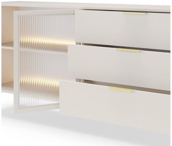 Lomadox Kommode LEXINGTON-167, kaschmir, 181,4 cm, 2 Glastüren, 3 Schubladen, LED-Beleuchtung