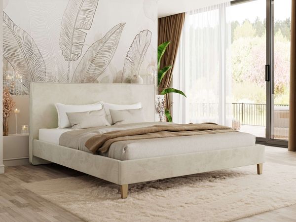 Design Polsterbett LUMARO CLASSIC 160 x 200 cm mit Lattenrost & 12cm hohen Füßen, Doppelbett mit Kopfteil, Konfigurierbar, Multipocket Matratze - Beige Velvet - ELORI LUX