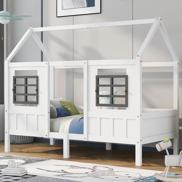 Hausbett aus Kiefer und MDF mit 2 Fenstern, 200x90 cm, Weiß, ohne Matratze